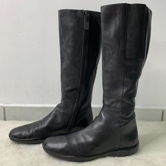Prada Women's Black Leather Side Zip Tall Riding Boots Size 41 1/2 - Picture 1 of 10